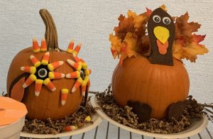 pumpkins decorated to look like a Turkey & Owl